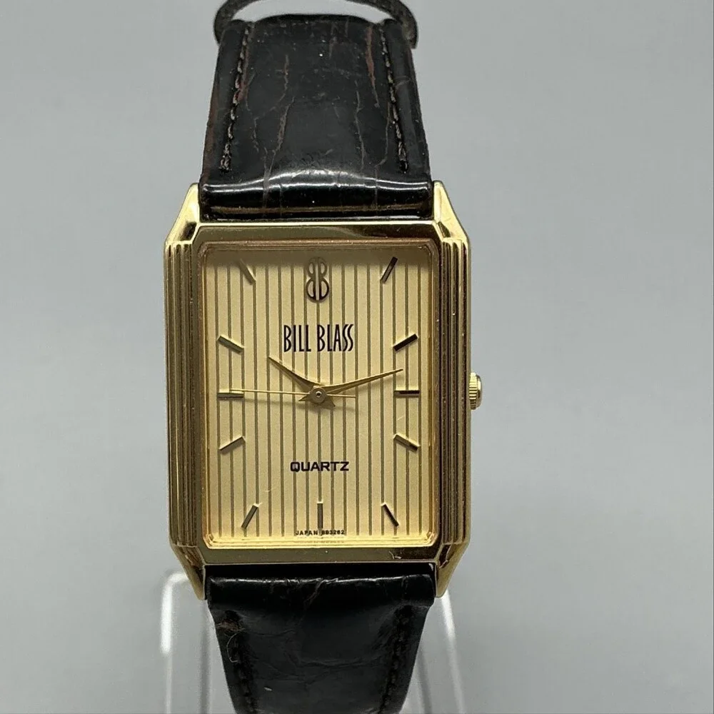Vintage Bill Blass 007-0132 Mens Watch 24mm Gold Dial Black Leather New Battery